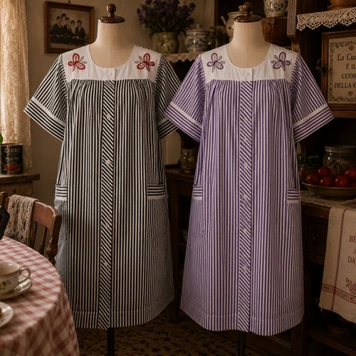 Two short-sleeve button-front nightgowns displayed on mannequins in a vintage-style room. The left nightgown is black and white vertically striped with red embroidered butterfly motifs at the collar.